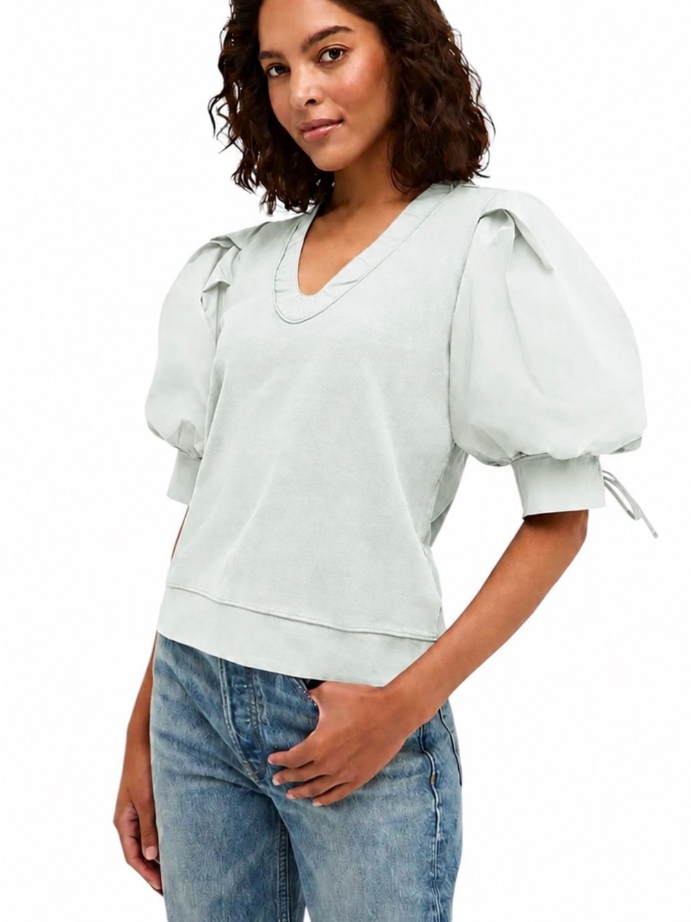 Marie Oliver Viva Popover Mint Green Puff Sleeve Sweatshirt Top Size XS